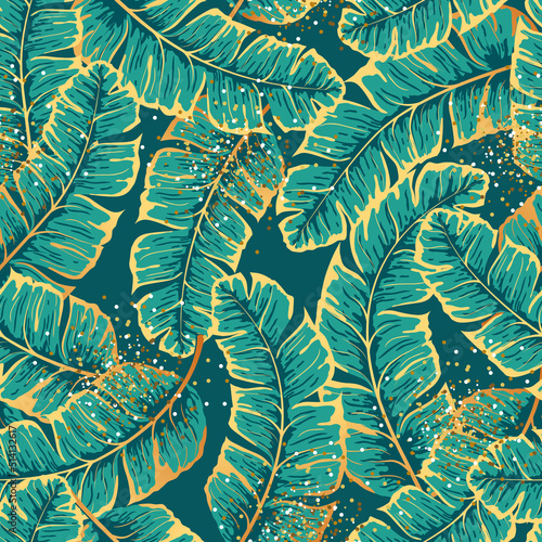 Luxury Seamless pattern with gold and green tropic leaves. Vector illustration. Summer background