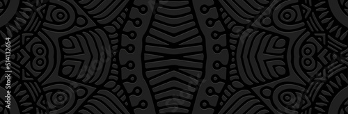 Banner, cover art design. Embossed ethnic 3d doodling pattern on a black background in vintage style. Tribal ornaments of East, Asia, India, Mexico, Aztecs, Peru for brochure, booklet, flyer, website.