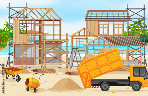 Cartoon scene of building construction site