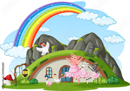 Animals dancing at hobbit house on white background