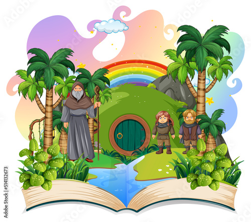 Medieval magic land scene on open book