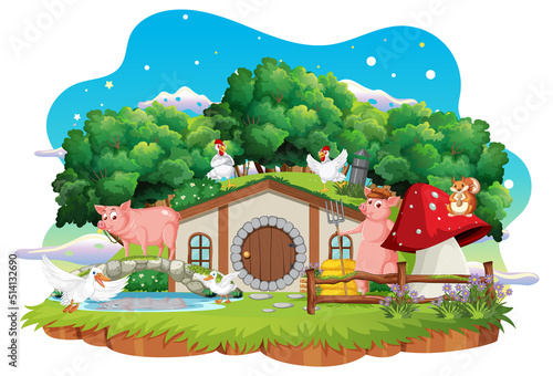 Farm animals at hobbit house on white background