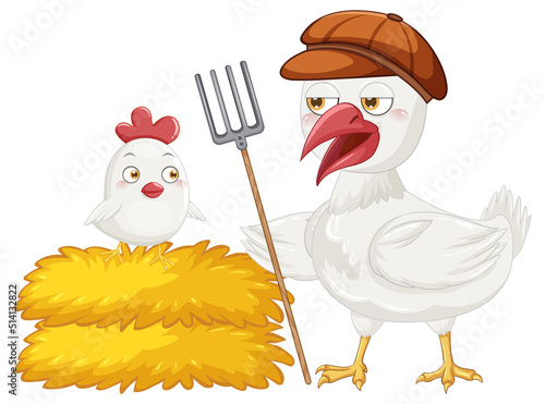 Mother chicken and her chick in cartoon style