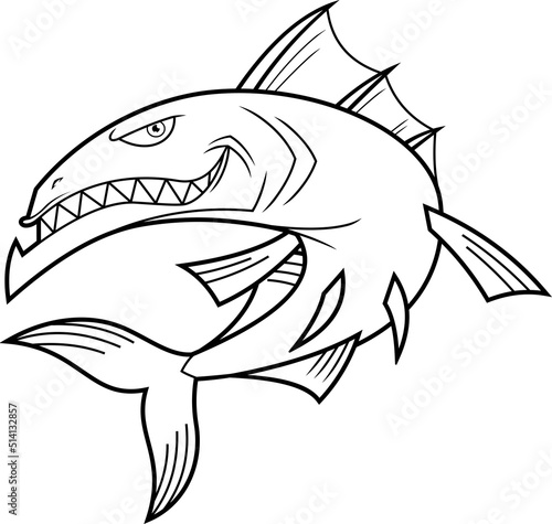 Outlined Angry Barracuda Fish Cartoon Character with Sharp Teeth Jumping. Vector Hand Drawn Illustration Isolated On White Background