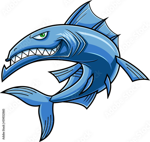 Angry Barracuda Fish Cartoon Character with Sharp Teeth Jumping. Vector Hand Drawn Illustration Isolated On White Background photo