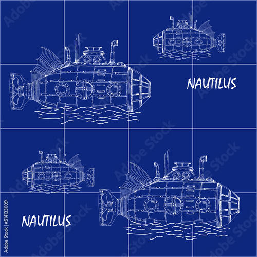 Children's wallpaper with a basic blue background and submarines