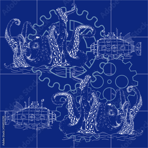 steampunk style map with monsters and octopuses