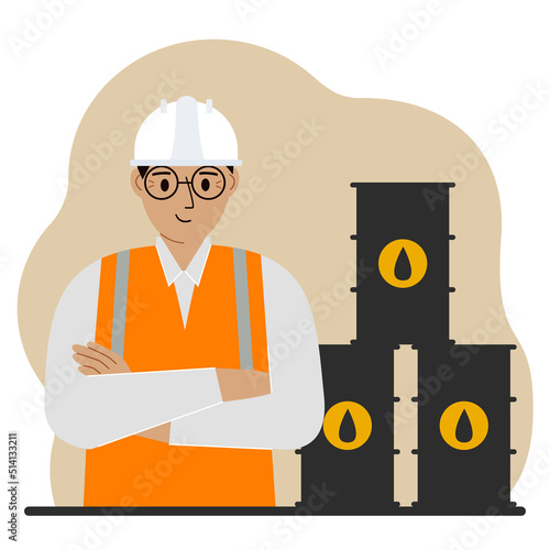Oil barrels and a smiling oilman. Oil industry and worker or engineer in special clothes and helmet.