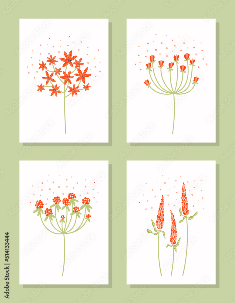 Obraz premium Vector set of hand drawn summer flowers with pollen. Decorative plants.