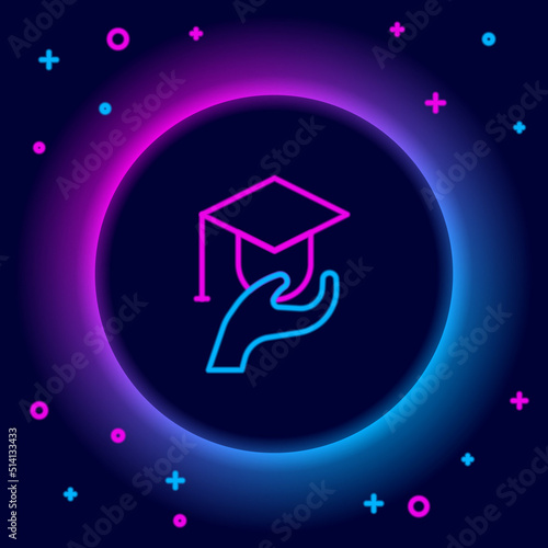 Glowing neon line Education grant icon isolated on black background. Tuition fee, financial education, budget fund, scholarship program, graduation hat. Colorful outline concept. Vector