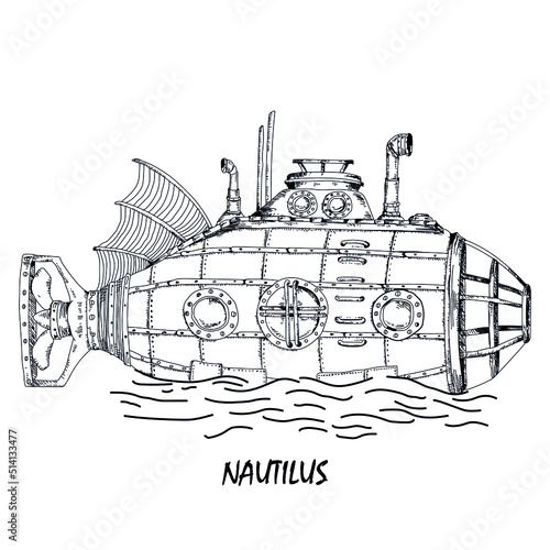 Isolated submarine detailed vintage drawing