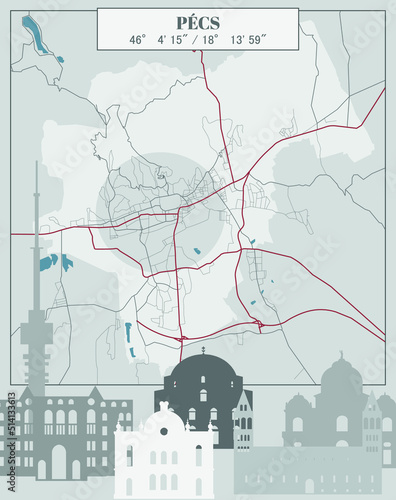 Modern map of the city of Pécs with landmarks