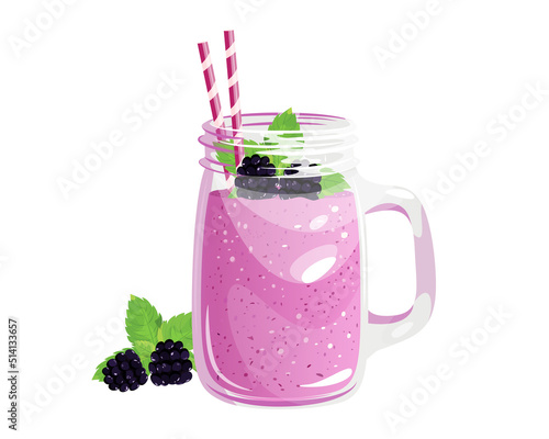 Blackberry smoothie on a white background.A summer refreshing drink in a jar with fresh blackberries and mint.Vector illustration.