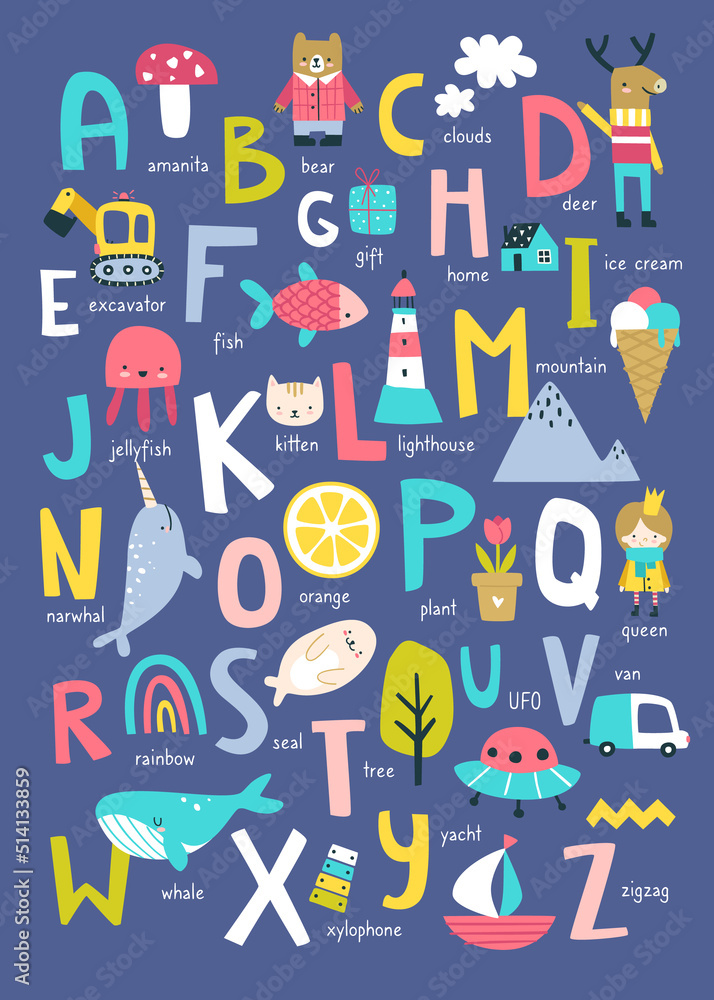 English alphabet for kids with doodle pictures. Cartoon abc poster for ...