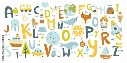 Cute english alphabet for kids with doodle pictures. Abc learning cartoon poster for nursery wall.