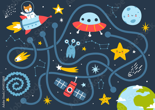 Mini space labyrinth game for children. Cosmic maze with animal astronaut for kids.
