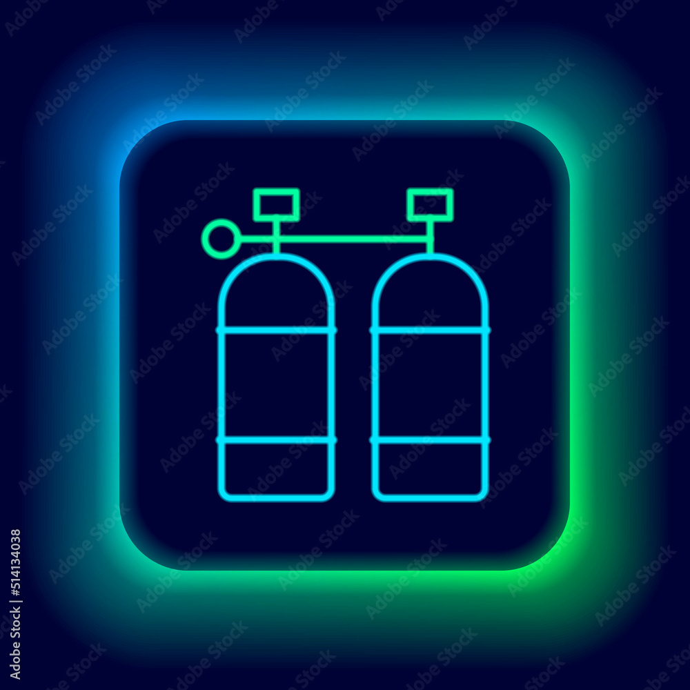 Glowing neon line Aqualung icon isolated on black background. Oxygen tank for diver. Diving equipment. Extreme sport. Diving underwater equipment. Colorful outline concept. Vector Glowing neon line Aqualung icon isolated on black background. Oxygen tank for diver. Diving equipment. Extreme sport. Diving underwater equipment. Colorful outline concept. Vector