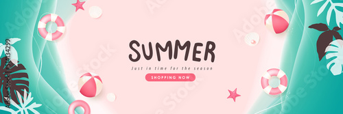 Blue sea and beach summer sale banner background with ripple and tropical leaf