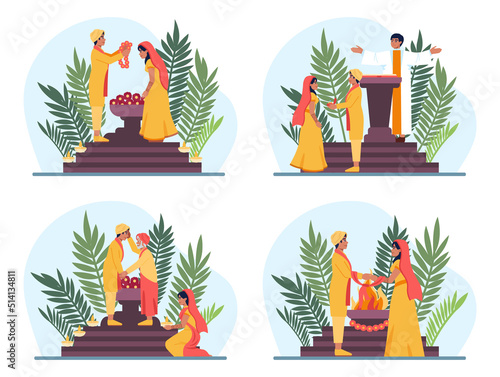 Indian wedding traditional ceremony set. Indian bride and groom
