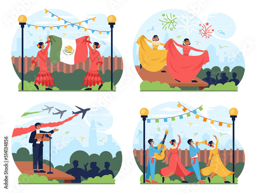 Mexican national holidays set. Mexican people wearing traditional