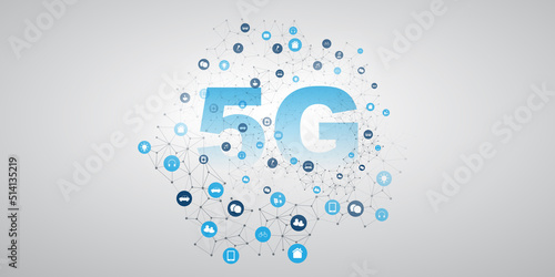 5G Label with Network Mesh, Icons Representing Various Digital Services - High Speed Broadband Mobile Telecommunication and Wireless Internet Design, New Cutting Edge Global Mobile Technology Concept