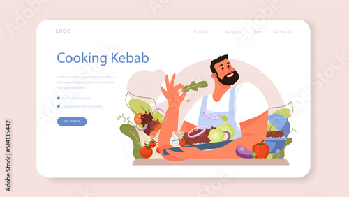 Kebab street food web banner or landing page. Chef cooking delicious