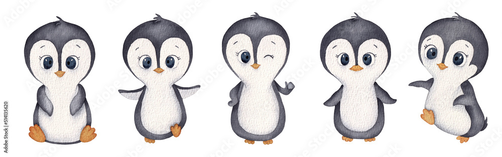 Fototapeta premium Penguins. A set of little penguins. Watercolor hand drawn illustration isolated on white background.