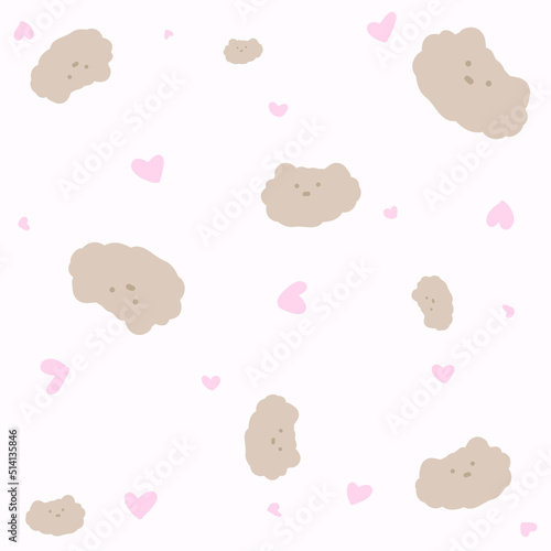 Pattern of cute brown fluffy bear or dog with pink heart. Hand drawn flat vector illustration in pastel soft tone isolated on white background.