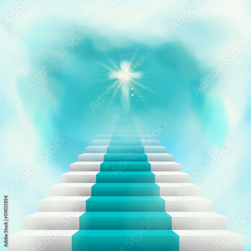 Staircase leading to heaven Glowing holy cross at the top