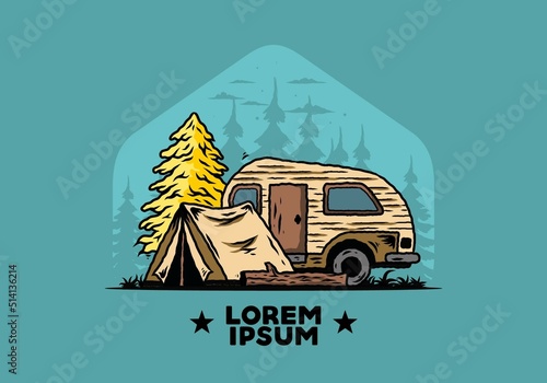 Teardrop camper and tent in front of pine tree illustration