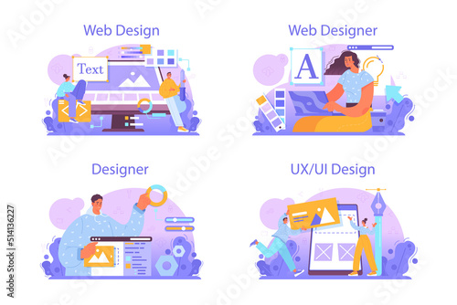 Web designer concept set. Interface and content design and development.