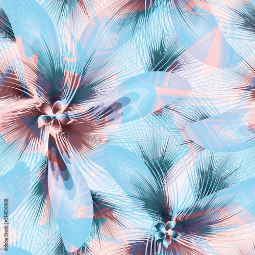sky blue color botanical background seamless pattern on light background. tropical seamless pattern with abstract leaves ornament. Summer garden texture. Floral background. Exotic tropics. Summer 