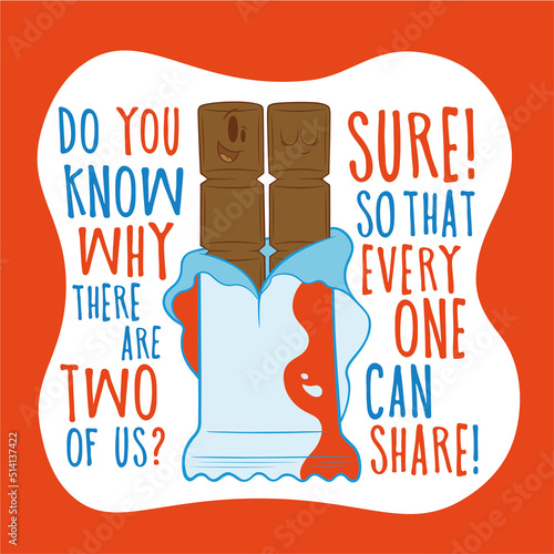 gretting card cute cartoon two individually wrapped chocolate bars everyone can share