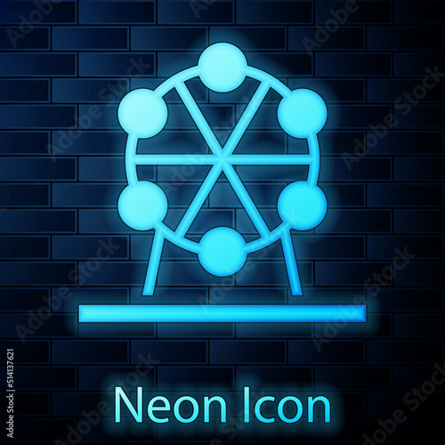 Glowing neon Ferris wheel icon isolated on brick wall background. Amusement park. Childrens entertainment playground, recreation park. Vector