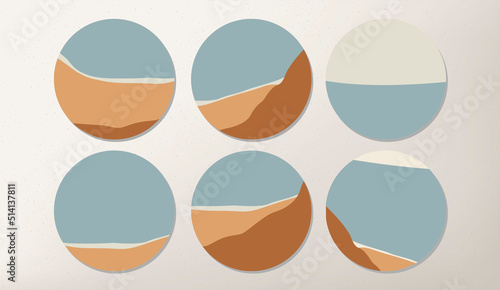 Set of icons and emblems for social media news covers with boho hills in nude colors. Design templates for yoga studio, tourism, pottery