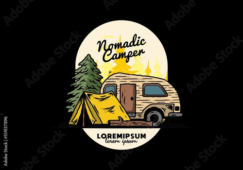 Teardrop camper and tent in front of pine tree illustration