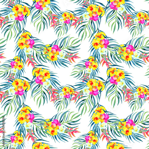 Fototapeta Naklejka Na Ścianę i Meble -  Vintage tropical seamless pattern with watercolor exotic flowers and leaves