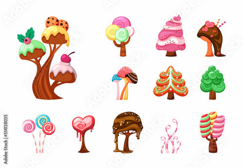 caramel trees. fairytale colored sweet bushes trees fantasy plants. Vector pictures in cartoon style for game design projects