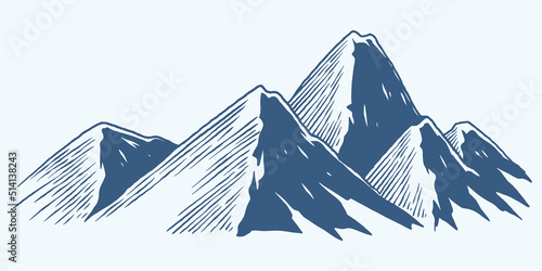 Mountain Hand drawing. Vector vintage line up hill plateau sketch illustration with engraving style. Silhouette of landscape plateau.