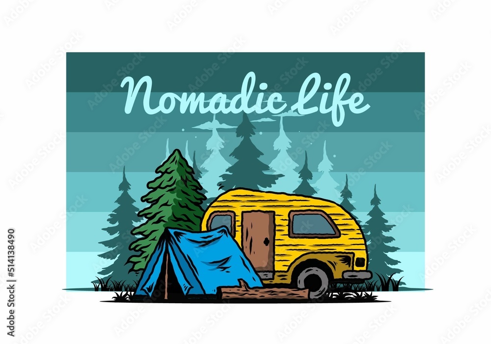 Obraz premium Teardrop camper and tent in front of pine tree illustration