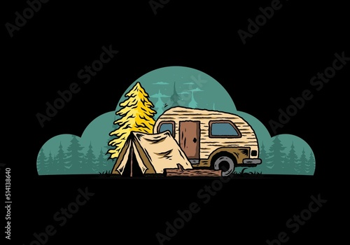 Teardrop camper and tent in front of pine tree illustration