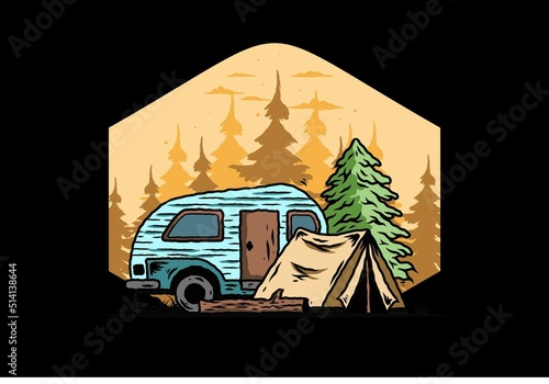 Teardrop camper and tent in front of pine tree illustration