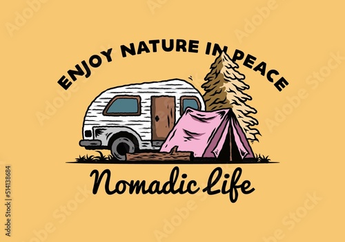 Teardrop camper and tent in front of pine tree illustration