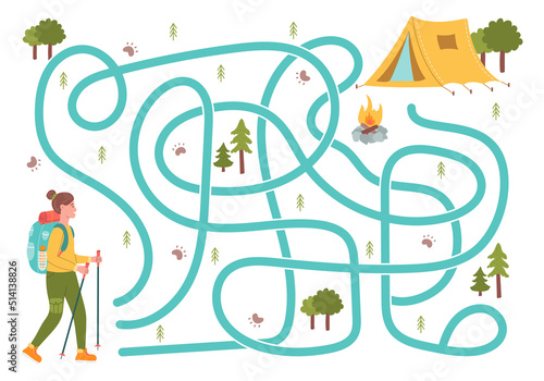 Labyrinth, help the girl traveler to find the right way to the tourist camp. Logical quest for children. Cute illustration for childrens books, educational game