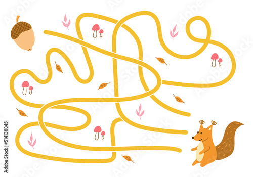 Labyrinth, help the squirrel find the right way to the nut. Logical quest for children. Cute illustration for childrens books, educational game