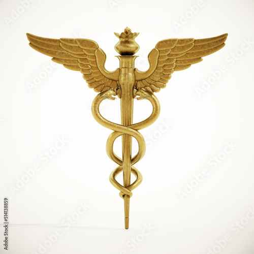Gold caduceus symbol isolated on white background. 3D illustration