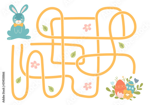 Labyrinth, help the rabbit find the right way to the Easter eggs. Logical quest for children. Cute illustration for childrens books, educational game