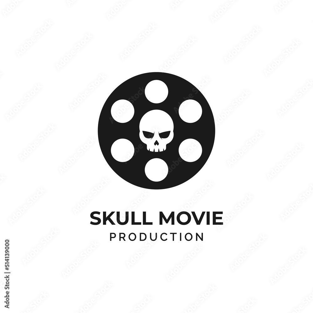 Movie Film Reel with skull creative logo design vector template for horror movie cinema studio