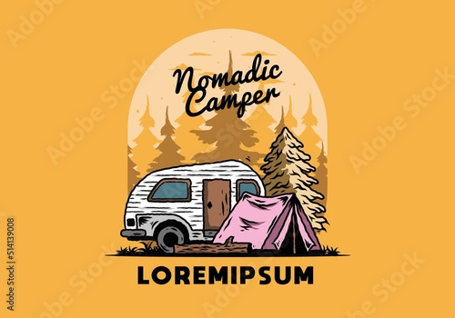 Teardrop camper and tent in front of pine tree illustration