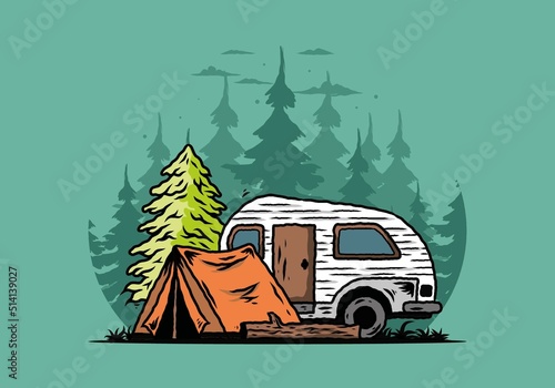 Teardrop camper and tent in front of pine tree illustration